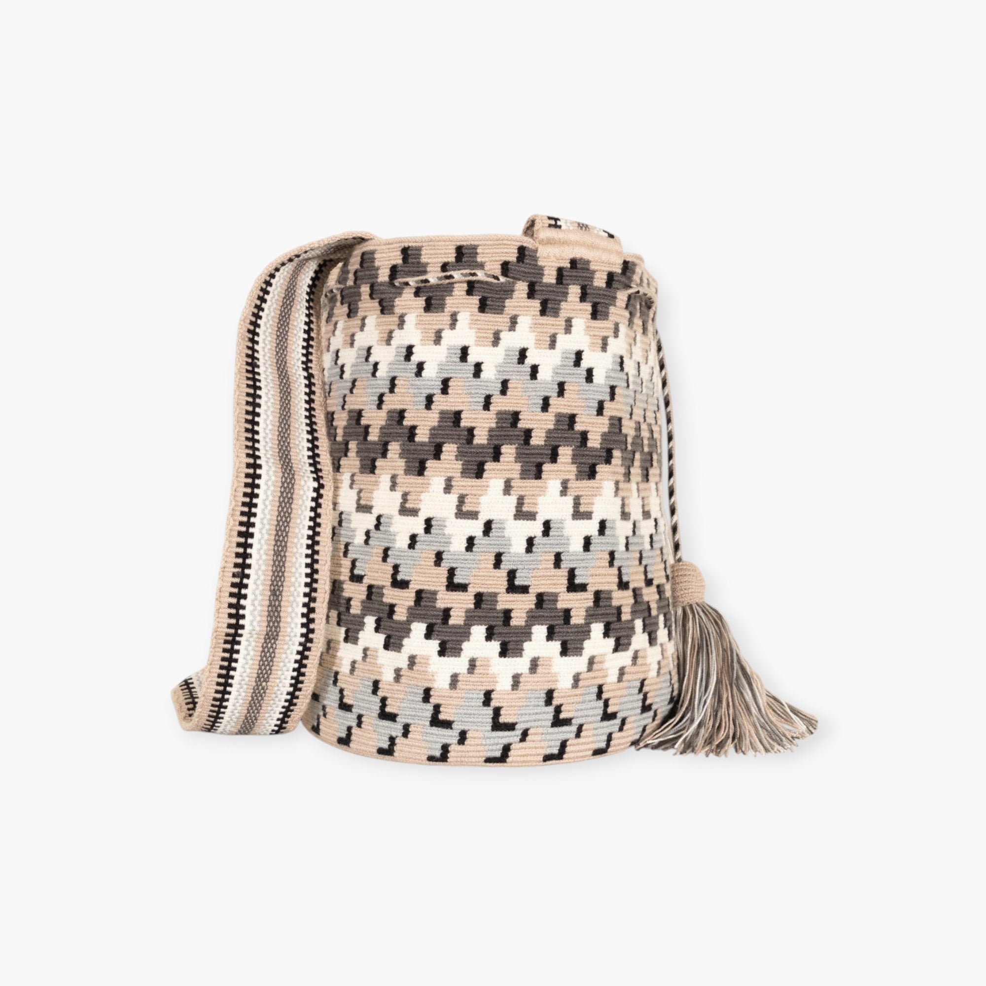 Woven drawstring bag with geometric pattern on a white background