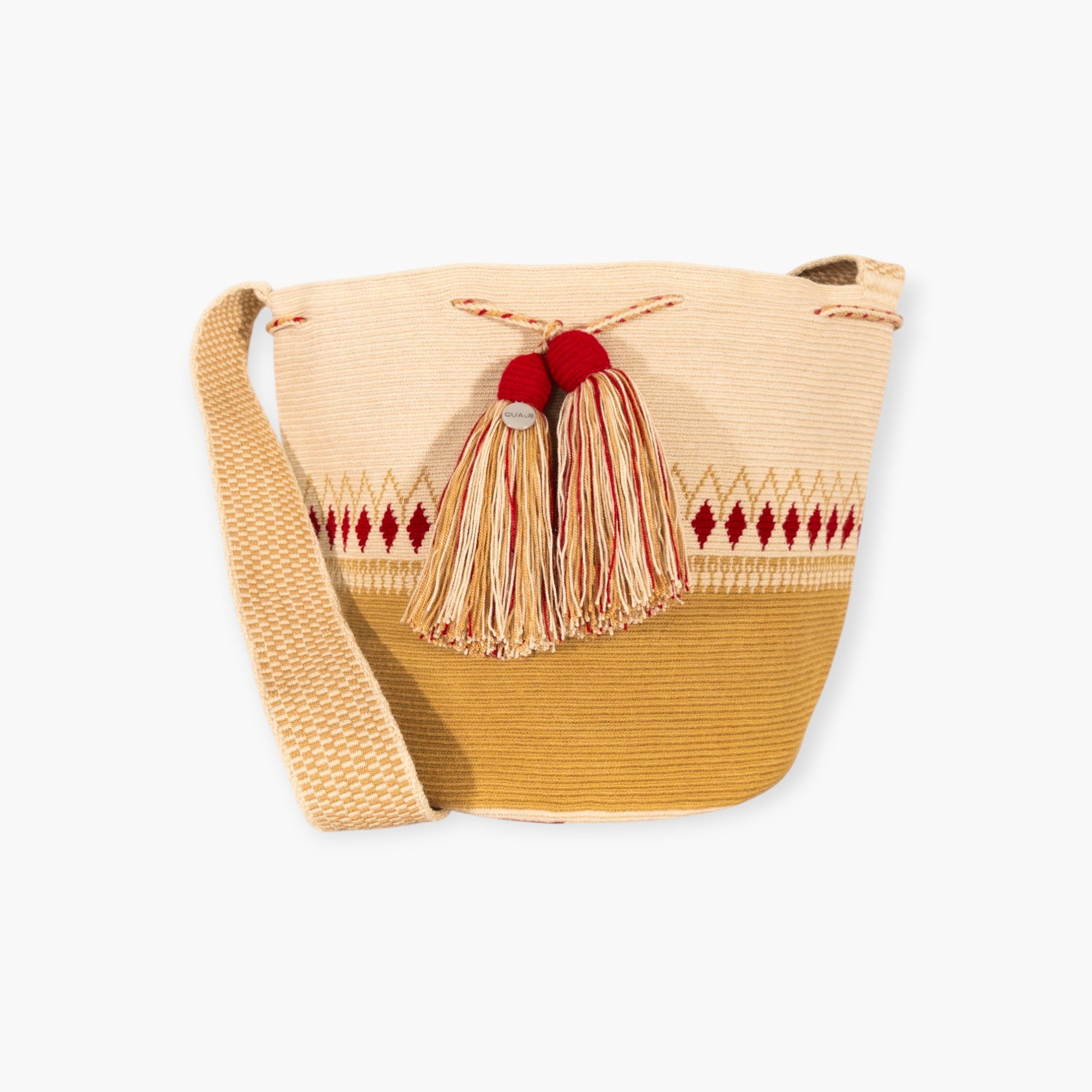 Woven bag with tassels on a white background