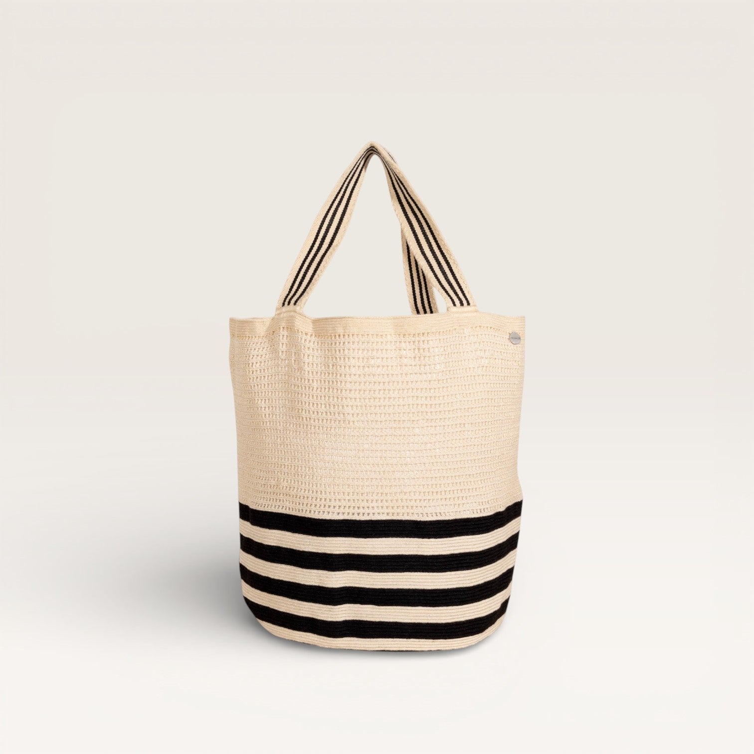 Striped net round tote bag | Black